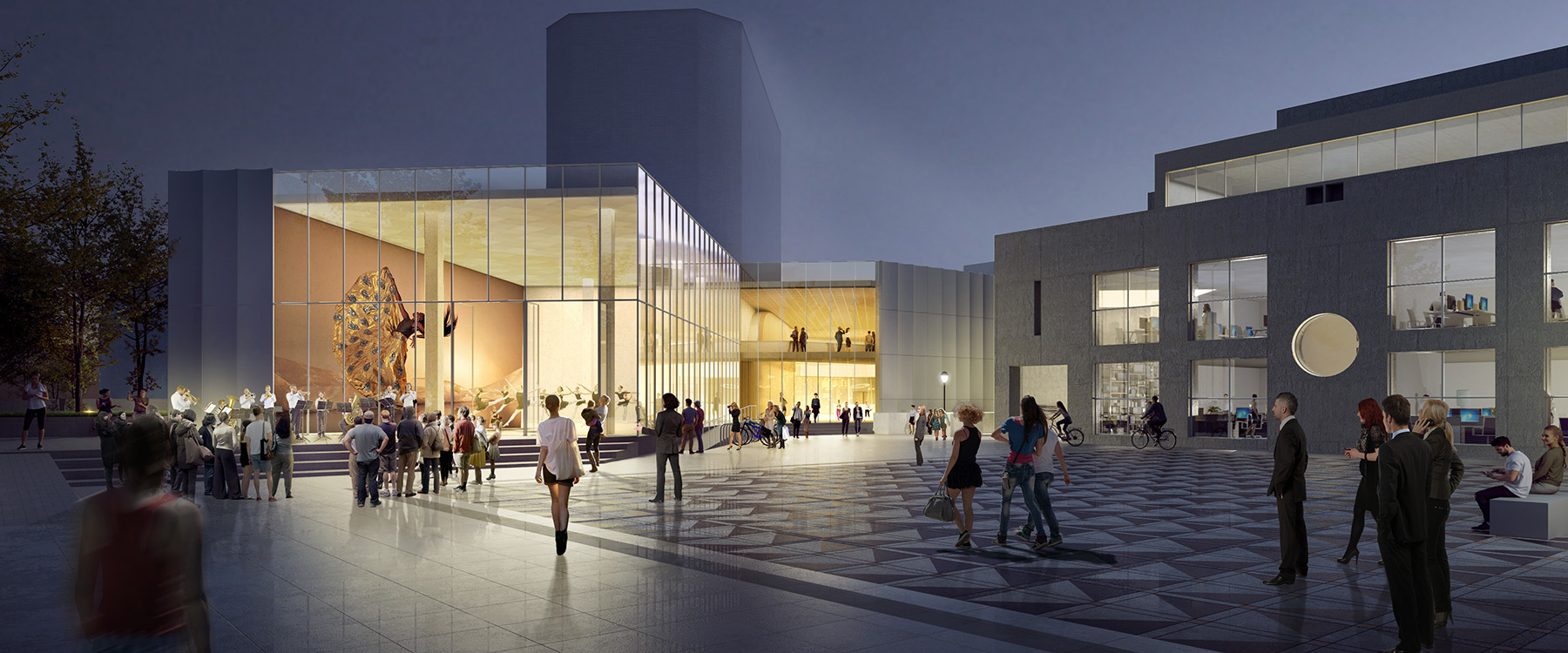 Design rendering of the Annenberg Center plaza at night time